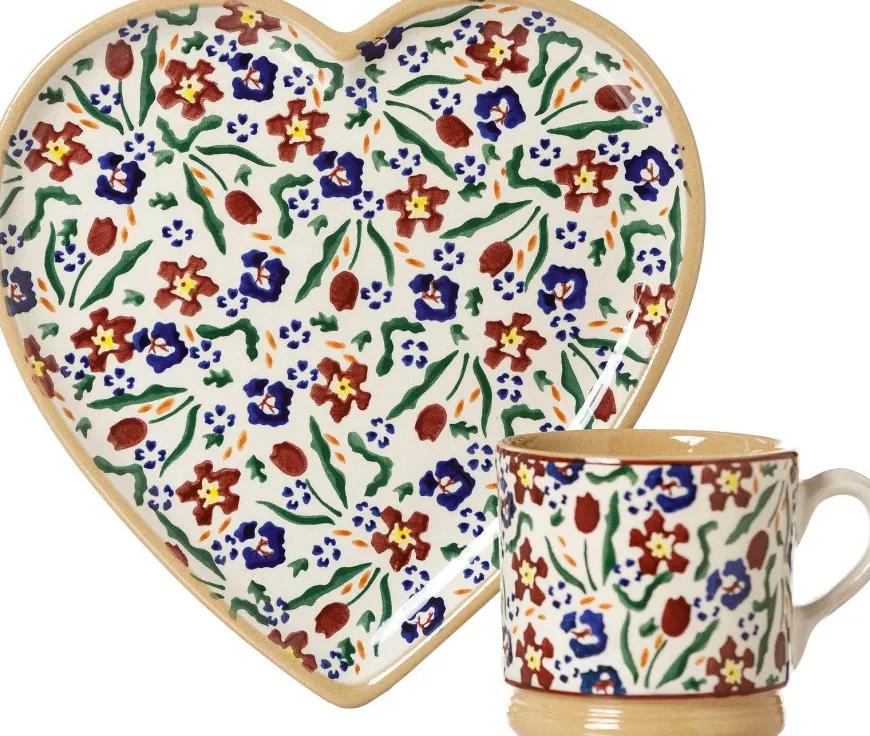 Sale Medium Heart Plate And Small Mug Wild Flower Meadow Easter